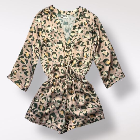 Show Me Your Mumu Pants - Show Me Your Mumu Blush Pink Cheetah Print Walker Romper Size S Satin Boho‎ NWOT